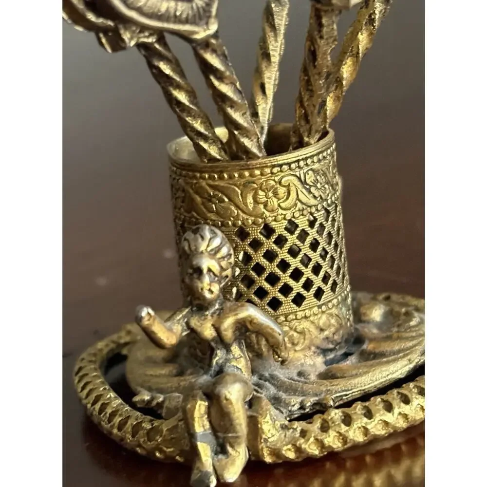 Vtg Cherub Cocktail Picks Holder Set 5 Gold Tone Putti Hors D’Oeuvre Olive Picks